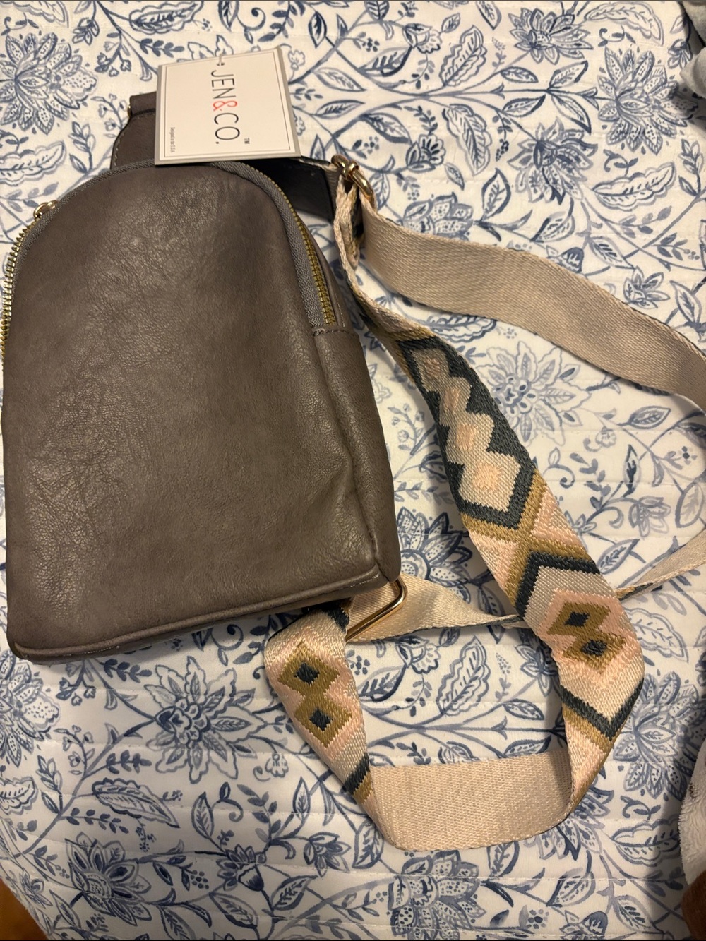 JEN & CO Taupe Mini Crossbody with Patterned Webbed Strap